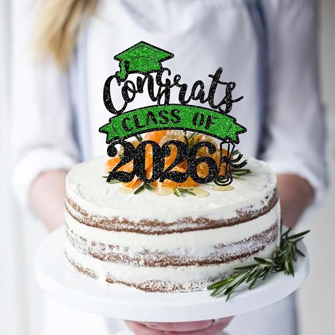 1 Pack Congrats Class of 2026 Cake Topper with Green Glitter Diploma Graduation Cap Cake Pick Contrats Class of 2026 Cake Decorations for 2026 Graduation Theme High School Boys Girls