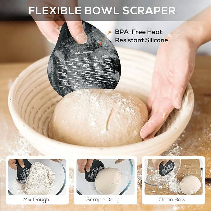 Bench Scraper & Chopper - Multifunctional Dough Scraper with Silicone Bowl Scraper, Sturdy Stainless Steel Dough Cutter for Baking, Pastry Cutter for Bread Pizza Cake with Measuring Scale