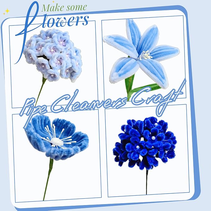 AHAMETON 620Pcs Blue Pipe Cleaner Flower Kit, 6 Colors Bulk Pipe Cleaners Craft Supplies with Wires, Stamens, Ribbon, Tapes, Card, DIY Flower Making for Gifts Home Decoration, Party School Crafts