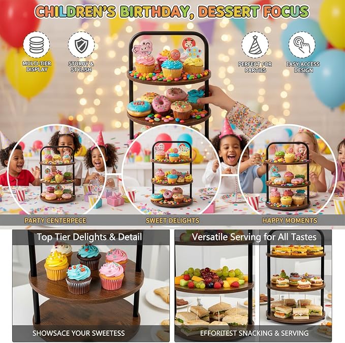 Wooden 3-Tier Cupcake Stand for 50 Cupcakes - Round Tiered Dessert Display & Serving Tray Set for Wedding, Party, Buffet Table - Rustic Cake Stand for Cookies, Fruits, Pastries