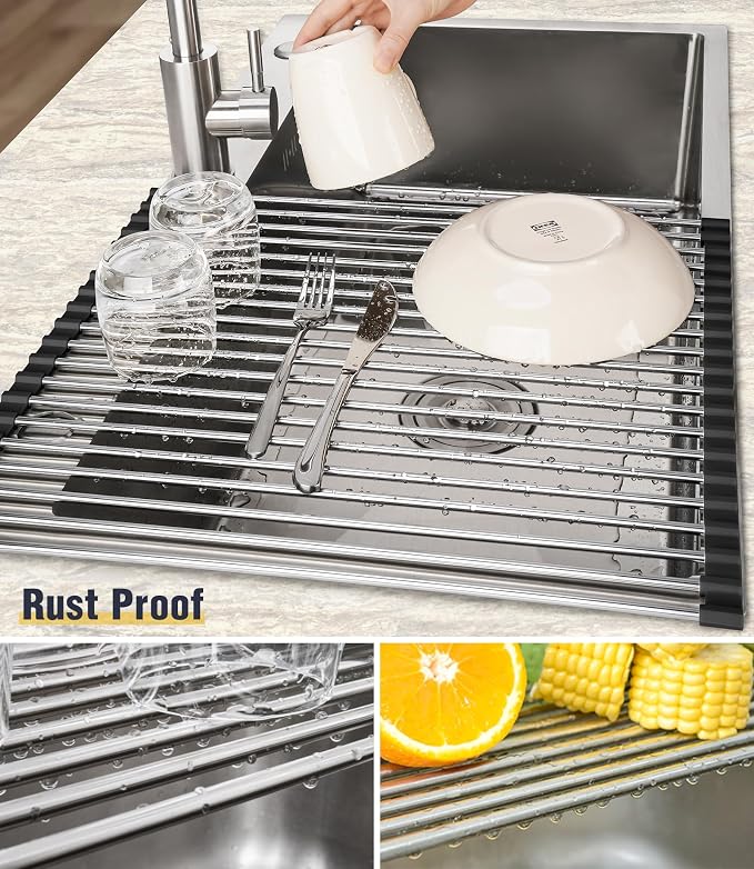Tomorotec 17.7" x 15.5" Roll Up Dish Drying Rack Over Sink Drying Rack Sink Cover Kitchen Sink Accessories Gadget Multipurpose Organizer Foldable Stainless Steel Drainer