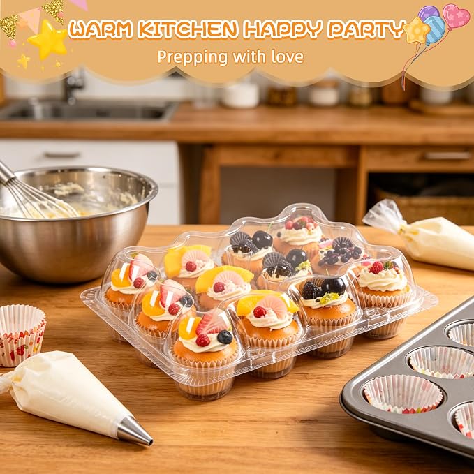 12 Pack x 20 Sets Plastic Cupcake Containers, Stackable Cupcake Boxes Holders with Tall Dome Lid, Disposable Clear Cupcake Carrier Trays for Bakery Transport