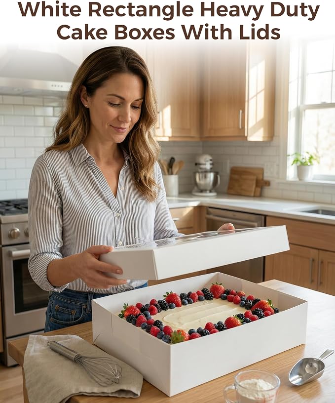 10pcs 14x10x4 inch Quarter Sheet Cake Boxes, White Large Rectangle Bakery Boxes with Window for Pastry, Donuts, Cupcakes, Pie, Cookies, Treat Packaging, Cajas para Pasteles with 80 Stickers