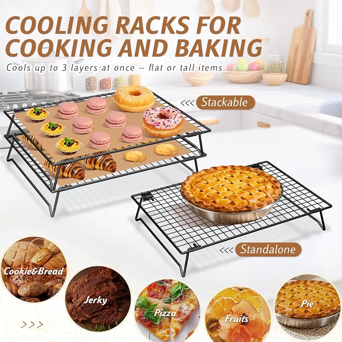 Stackable Cooling Racks 3-Tier 13.4x9.4in with 50 Parchment Papers | Heavy duty wire baking rack for cookies, bread, pizza & pastries. Collapsible for storage. Includes 7.9x11.8in sheets.