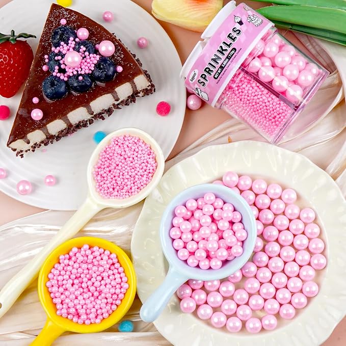 Pink Sprinkles, Edible Pink Pearl Sprinkles for Cake Decorating, Cake Decoration & Cupcake Topper, Wedding Shower Party Christmas Valentines Supplies, 110g/3.88oz (4 Sizes Mix)