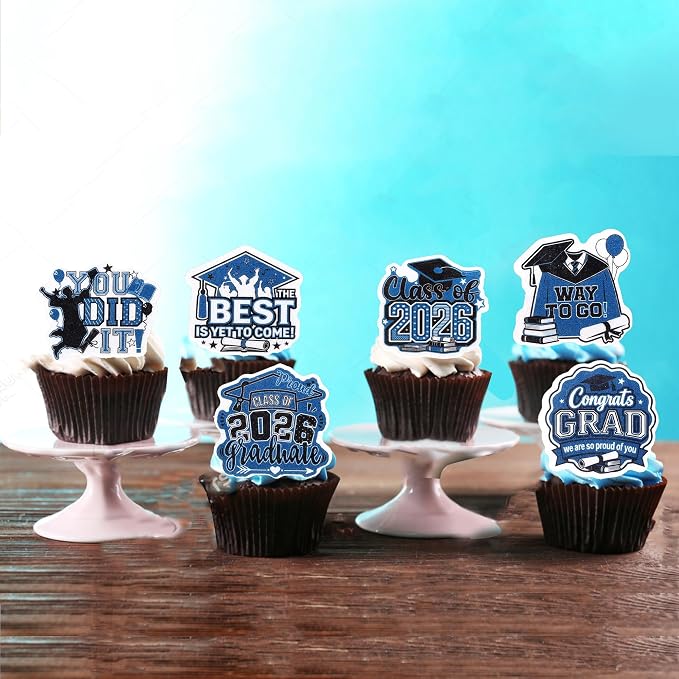 63 PCS Edible 2026 Graduation Cupcake Toppers Congrats Grad Cap Cupcake Picks Edible Diploma Done You Did it Cake Decorations for Class of 2026 Graduation Theme Party Decorations Supplies Black Blue
