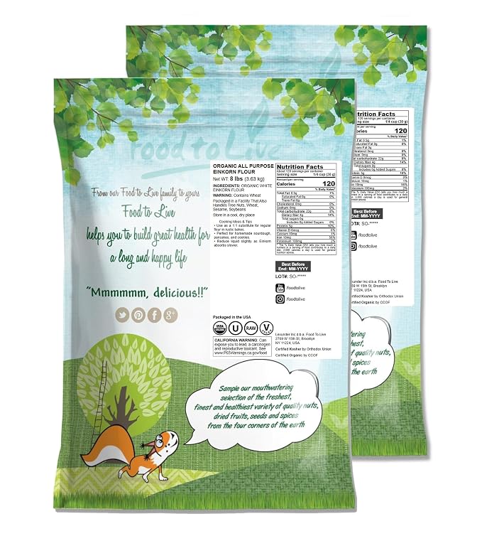 Food to Live Organic All Purpose Einkorn Flour, 16 Pounds - Italian Ancient Grain White Flour for Bread, Pizza, Pasta and Everyday Baking. Non-GMO, Vegan, Kosher, Bulk