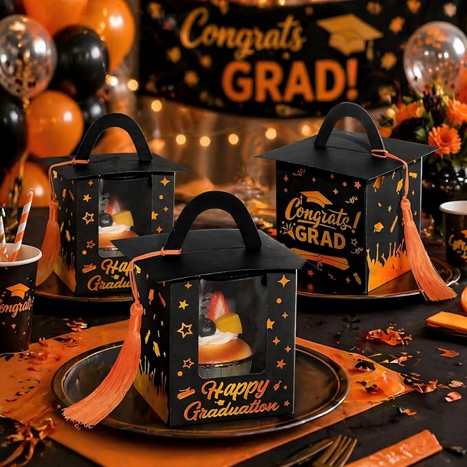 Outus 30 Pcs Graduation Cupcake Boxes Graduation Gift Box Congrats Grad Cupcake Container Candy Boxes with Window and Tassel for 2026 College High School Grad Party (Black and Orange)