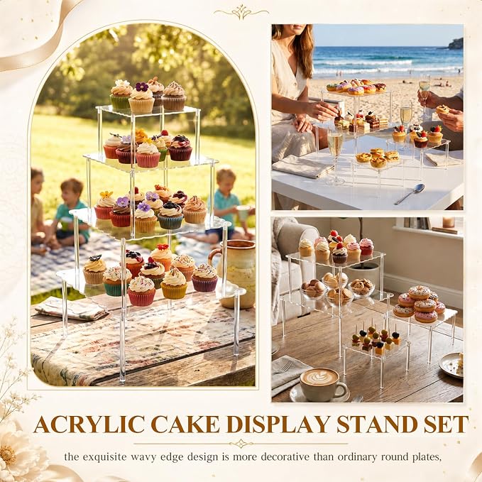 Mifoci 4 Tier Acrylic Cake Display Stand with Scalloped Square Edge 6, 8, 10, 12" Clear Tiered Cupcake Holder Tray with Message Board and Marker for Wedding, Birthday Party, Dessert Table