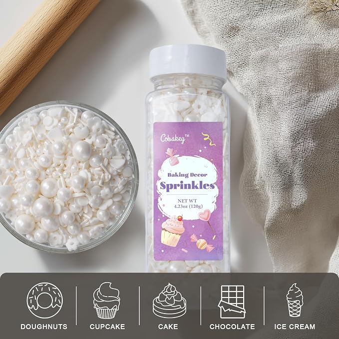 White Lovers Sprinkles for Cake Decorating 4.23ounce - Sugar Mix Contains Heart & Flowers Pearl Sprinkles for Cupcake Toppers, Ice Cream, Candy, Cookie Decorations - Wedding Party Supplies