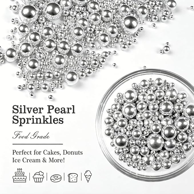 Silver Pearl Sugar Sprinkles for Cake Decorating, 150g/5.29oz Mix Size, Edible Candy Pearls, Pearl Cake Decorations, Cupcakes Cookies Toppers, Holiday, Wedding Party Supplies
