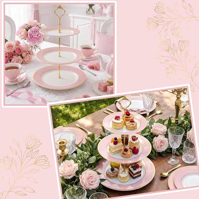CHENGU 3 Tier Cupcake Stand Pink Ceramic with Gold Frame, 10" 9" 7" Dessert Tower for Baby Shower Birthday Wedding Tea Party, Tiered Cake Holder Display for Cupcakes Pastries Fruits