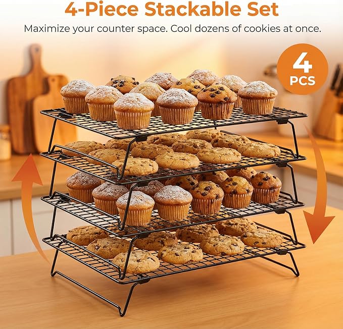 4 Pcs Cooling Racks for Cooking and Baking, 13.4 x 9.4 Inch Carbon Steel Cookie Cooling Racks, Stackable Baking Rack for Oven Cooking Cooling Roasting Making Jerky (Black)