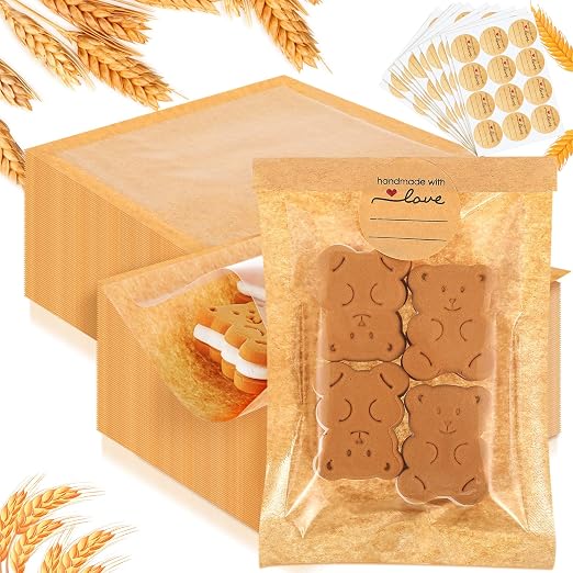 Outus 200 Pcs Cookie Packaging Bags with Seal, 4 x 6 Inch Bakery Pastry Bags with Window, Heat Sealable Grease Resistant Paper to Go Bake Sleeves for Gift Giving Donut Bread Sandwich (Brown)