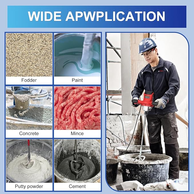 Electric Handheld Cement Mixer, 2pcs Mixing Heads Included, Portable Mortar Mixer with 6 Adjustable Speed, 110V Mud Mixer for Mixing Plaster,Cement, Paint, Fodder