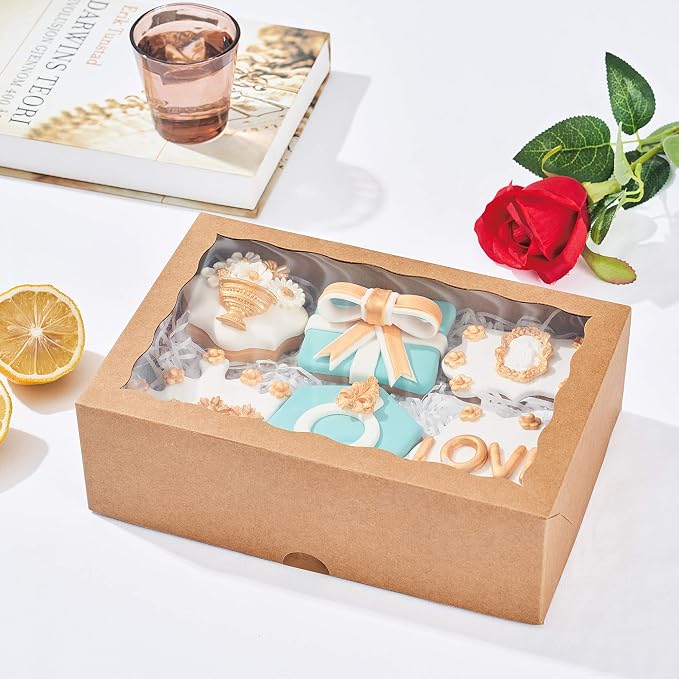 24PCS 10 x 7 x 2.5 inches Professional One Piece Strawberries Boxes, Cookies Boxes with With Clear Window for Visibility, Brown Natural Kraft Paper Box