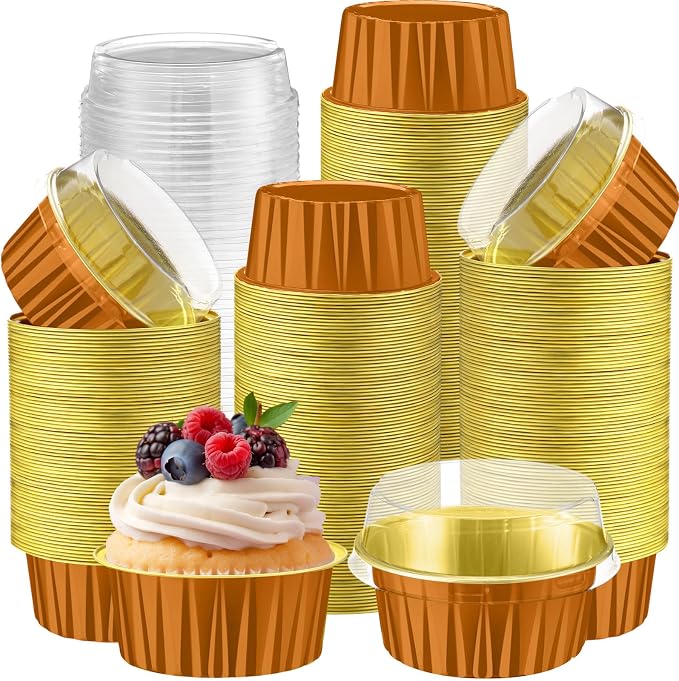 200 Pack Aluminum Foil Cupcake Liners with Lids, 5 oz Round Baking Cup, Disposable Ramekin Container for Graduation Wedding Independence Day Party(Bronze Gold,Plain)