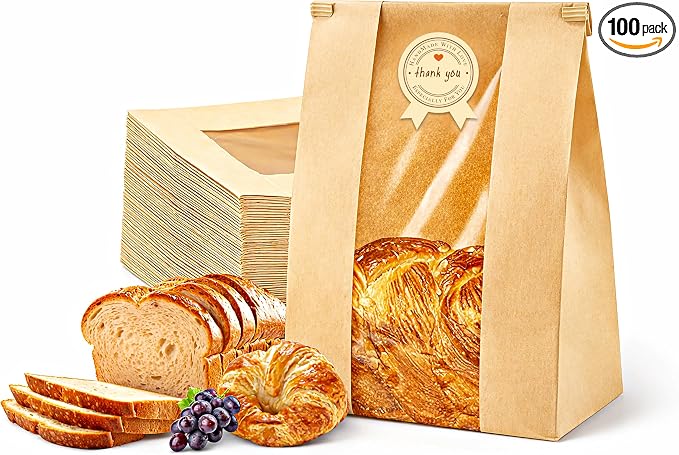 100 Pack UPGRADED THICKEST Brown Paper Bread Bags for Homemade Bread Large Sourdough Bread Bags 13.7"x8.3"x3.5" with TIN TIE LOCK & Clear Window, Rigid Bakery Bags with 100 “Thank You” Seal Stickers