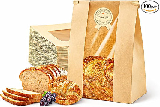 100 Pack UPGRADED THICKEST Brown Paper Bread Bags for Homemade Bread Large Sourdough Bread Bags 13.7"x8.3"x3.5" with TIN TIE LOCK & Clear Window, Rigid Bakery Bags with 100 “Thank You” Seal Stickers