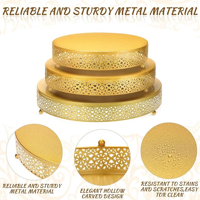 Wenqik 3 Pcs Cake Stand 16'' 14'' 12'' Round Metal Cake Stand Bases Display Holder Cookies Serving Tray Display Plate Cupcake Dessert Pastry Riser for Wedding Birthday Party(Vintage Style,Gold)