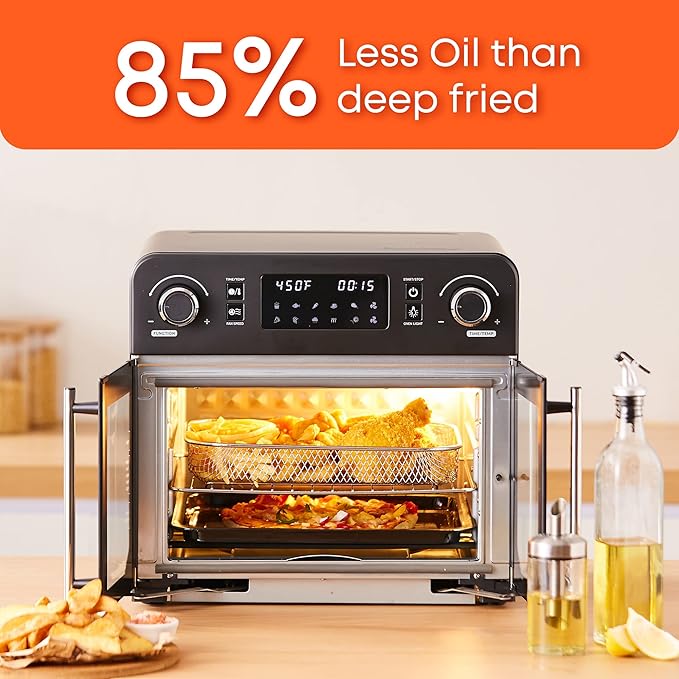 Elite Gourmet EAF9010B All Steel Exterior, 24.5Qt. French Door Air Fryer Convection Countertop Oven, 12" Pizza Extra Large Capacity, Temperature + Timer Controls, Bake, Toast, Broil, Air Fry, Black