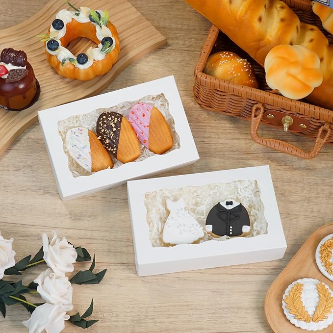 20pcs Cookie Boxes with Window 7x4.375x1.5 Inches Bakery Boxes Treat Box Chocolate Covered Strawberries Box for Christmas Valentine's Day Mother's Day - White