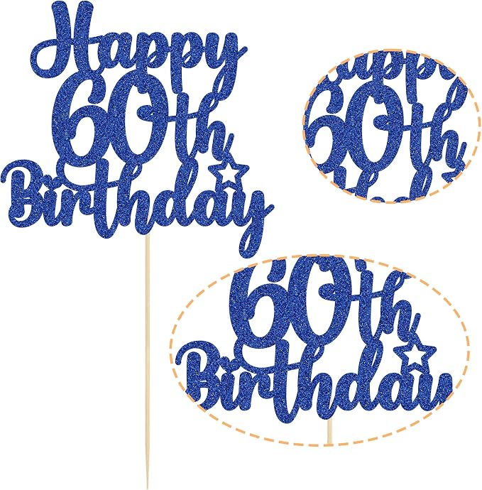 Gyufise 1Pc Happy 60th Birthday Cake Topper Glitter 60 & Cheers to 60 Years Old 60th Birthday Cake Pick for Celebrating 60th Birthday Anniversary Party Cake Decorations Supplies Blue