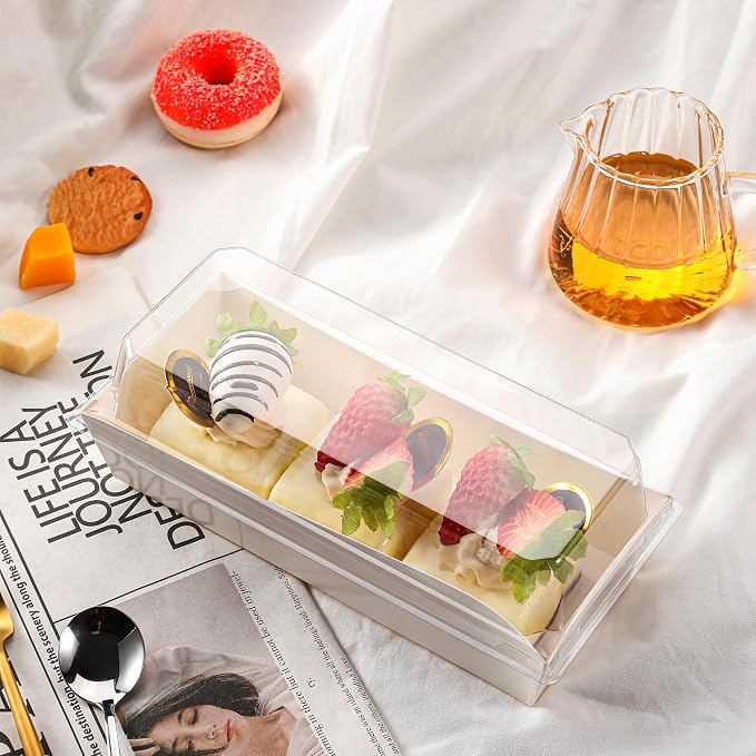 50 Pack 7.5x3.3 Inches Small Charcuterie Boxes with Clear Lids - To Go Paper Mini Treat Box, Charcuterie Boards Accessories, Dessert Boxes, Cookie, Cake Slice, Chocolate Strawberry, Donut (White)