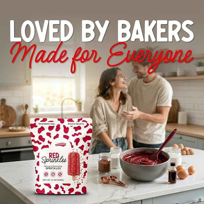 Snackathon Red Sprinkles for Baking & Decorating, 15 oz Vibrant Red Jimmies in Resealable Pouch – Gluten Free Sprinkles for Cakes, Ice Cream Toppings & Desserts