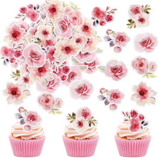 40Pcs Edible Pink Flowers Blossom Cupcake Toppers Spring Flower Edible Cupcake Toppers Floral Drink Topper for Spring Baby Shower Floral Wedding Girls Birthday Mother's Day Cupcake Decorations