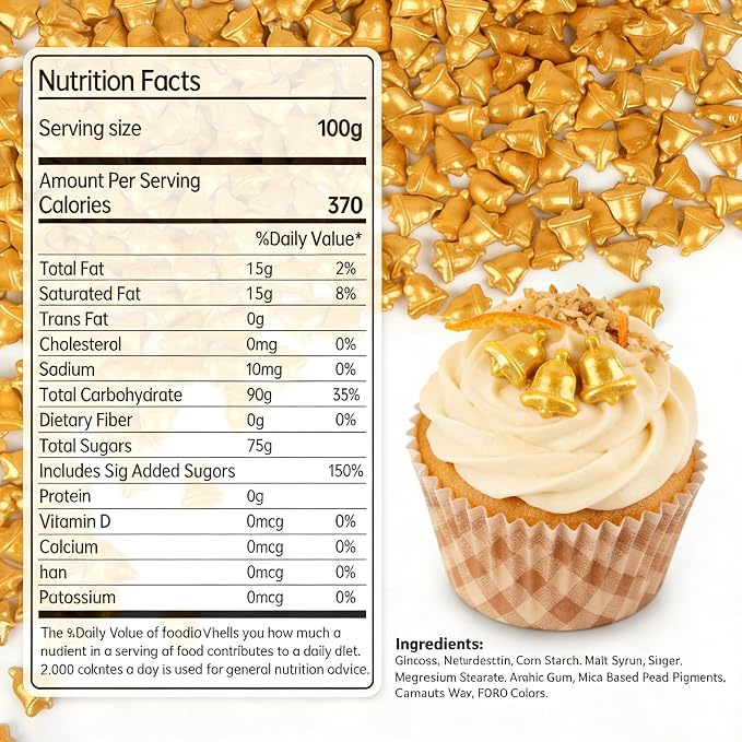 Edibles Gold Bells Sprinkles for Cake Decorating, 150g/5.29oz, Golden Sprinkles Edible, Metallic Sugar Bell Shape Sprinkle, Cupcake Decoration, Cookies Donuts Topper, Baking Party Supplies