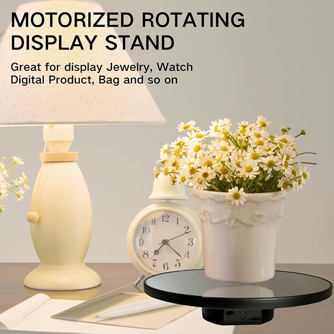 JAYEGT Motorized Rotating Display Stand, 10inch /11Lbs Load ,Mirror Cover ，360 Degree Electric Rotating Turntable ,Cup Display Turner Stand,Photography Products, Jewelry ,Tumbler -Black