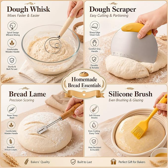 Sourdough Starter kit with Sourdough Starter Jar, 9" Round and Oval Banneton Basket, Dough Scoring Tool, Whisk and Bread Cutter for Homemade Bread a Complete Sourdough Kit