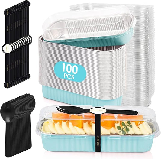 100 Pack Mini Cake Pans with Lids and Spoons, Disposable Aluminum Foil Cake Tins（6.8oz） Individual Small Cake Baking Containers for Party, Wedding, Birthday