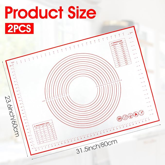2 Pcs 32x24" Extra Large Dough Mat Silicone Baking Mats for Rolling Pastry Kneading Sheet Sourdough Bread Baking Supplies (Red)