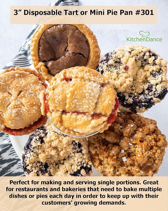KitchenDance Disposable Aluminum Mini Tart Pans without Lids - 3 Inches Round Aluminum Foil Mini Pie Pan, Baking Pan Perfect for Home, Restaurants, or Events, #301, Pack of 100