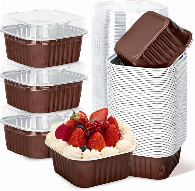 30Pack 5oz Brown Mini Cake Pans with Lids Baking Cups Aluminum Foil Pans Tins, Individual Dessert Cups Containers for Sales,Party,Picnics
