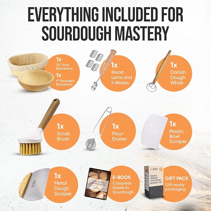 Proofing Basket Set - 9" Round & 10" Oval Baskets - Sourdough Starter Kit - Sourdough Bread Baking Tools and Supplies Include Dough Whisk, Scrapers and Lame