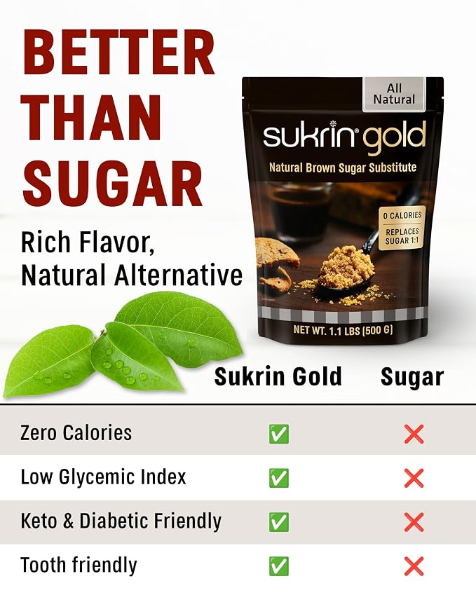 SUKRIN GOLD 100% Natural Sugar Free Brown Sugar Substitute with Erythritol & Stevia Brown Sugar Zero Calorie Sweetener, Granulated Gluten Free Non-GMO Kosher Blood Sugar Vegan Keto Friendly, 1.1LB Bag