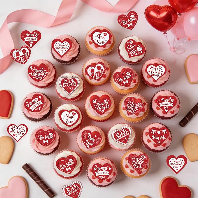 70PCS Edible Heart Cupcake Toppers Wafer Paper Red Sweet Love Be Mine Kiss Me Heart Cupcake Picks Valentine’s Cake Decor for Valentine's Day Theme Wedding Party Supplies
