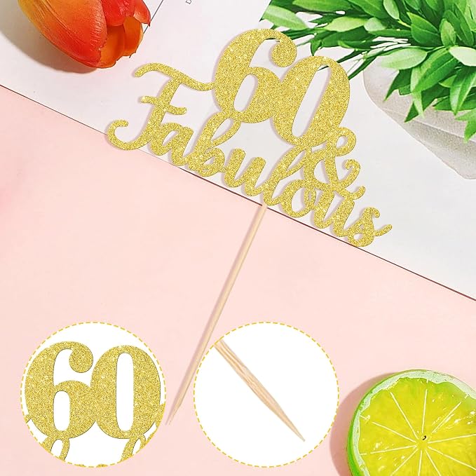 1 PCS 60 & Fabulous Cake Topper Gold Glitter 60th Birthday Anniversary Cake Pick Decoration for 60th Birthday Wedding Anniversary Party Decorations Happy 60th Birthday Cake Decorations Supplies