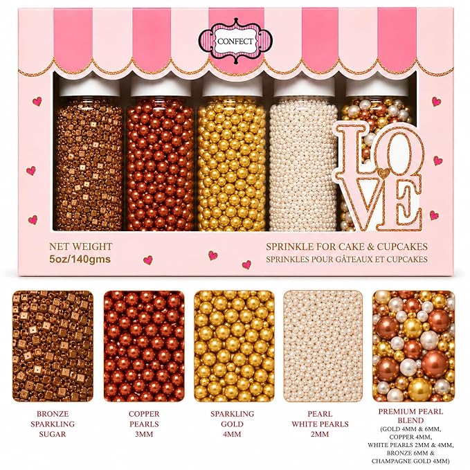 Confect Sprinkle Mix – Edible Gold, Bronze & White Sugar Pearls with Copper Sparkling Sugar –Great Gatsby Disco Ball- Elegant Cake, Cupcake & Cookie Decorating Sprinkles –Vegan, Gluten-Free, Nut-Free, Soy-Free, Dairy-Free, Palm Oil-Free, Dye Free- 5 Oz