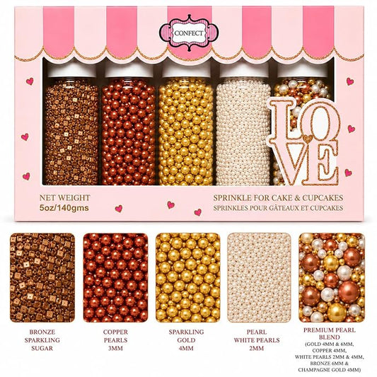 Confect Sprinkle Mix – Edible Gold, Bronze & White Sugar Pearls with Copper Sparkling Sugar –Great Gatsby Disco Ball- Elegant Cake, Cupcake & Cookie Decorating Sprinkles –Vegan, Gluten-Free, Nut-Free, Soy-Free, Dairy-Free, Palm Oil-Free, Dye Free- 5 Oz