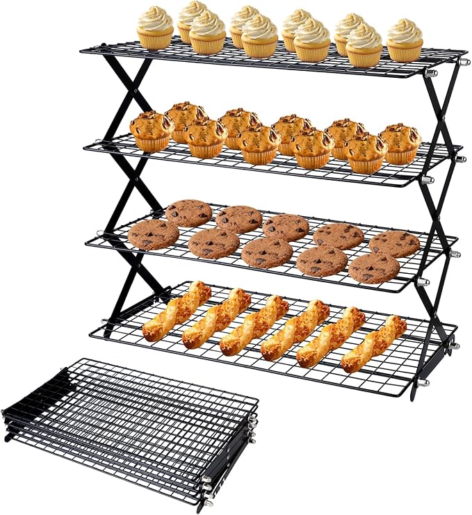 4 Tier Collapsible Cooling Rack, Adjustable Stackable Stainless Steel Baking Rack with Leak-Proof Mesh & X-Shaped Structure, Dishwasher Safe for Cookies, Bread, Pastries