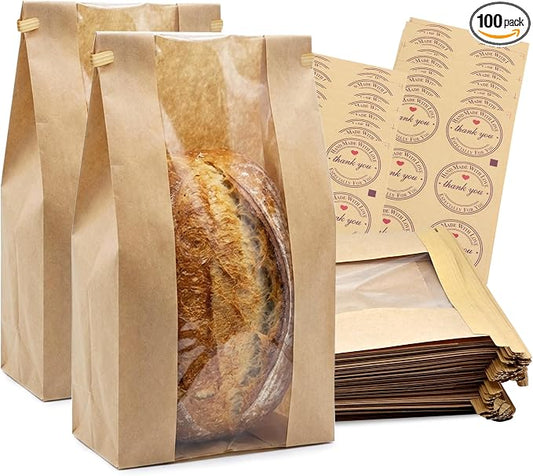 Pack of 100 Sourdough Bags for Homemade Bread with Tin Tie Tab Lock，for Large Paper Bread Bags for Sourdough Bread 14" x 8.3" x 3.5"，Round Sourdough Bread Bags Paper with Clear Front Window