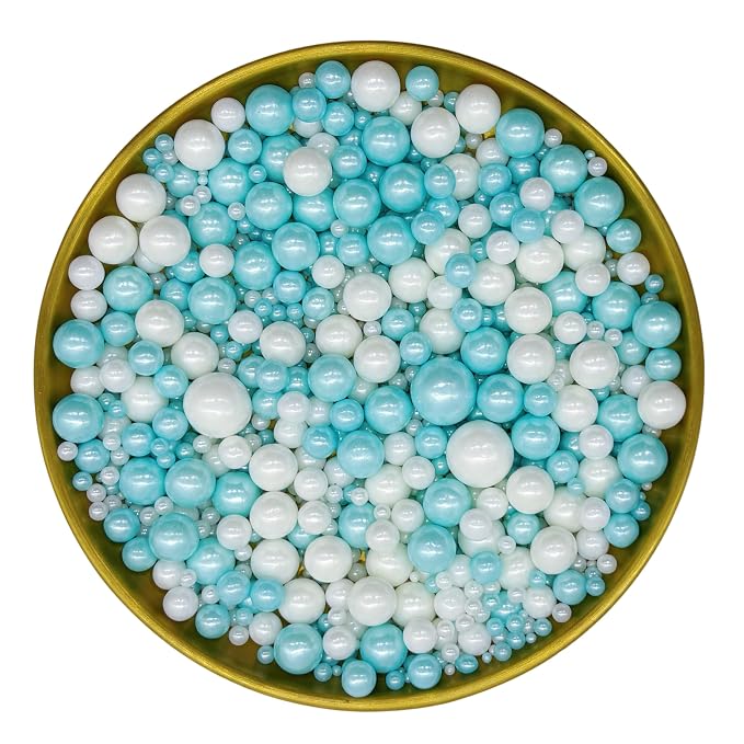 Dynastang Mixed Size Light Blue & White Pearls Sprinkles Edible Pearls Cake Decorations Cupcake Toppers Decorating Perfect for Cakes, Cupcakes, Desserts 3OZ