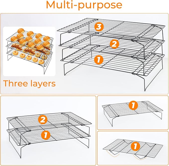 3-Tier Collapsible Cooling Racks, Detachable Wire Cooling Rack Stackable Drying Rack for Cookie Bread Pizza Baking, Fruits, Snacks Perfect for Outdoor Camping