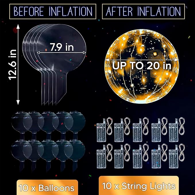 LED Light Up Balloons 10 Pack – 20" Transparent Glow Balloons Light Up with LED String Lights & Switch, Easy Air or Helium Use for Special Events, Weddings, Party Decorations & Festive Nights
