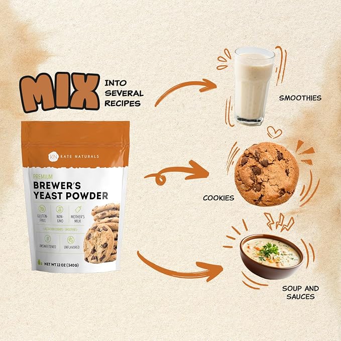 Kate Naturals Brewers Yeast Powder for Lactation Support & Nursing Moms. Debittered Brewer's Yeast for Lactation Cookies (12oz, Gluten Free, Non-GMO)