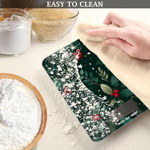 Food Scale Kitchen Scale Food Weight Scales Digital Weight Grams and Ounces Small Electronic Food Scale for Baking Cooking Holly Berries Pine Needles Stars Dark Green
